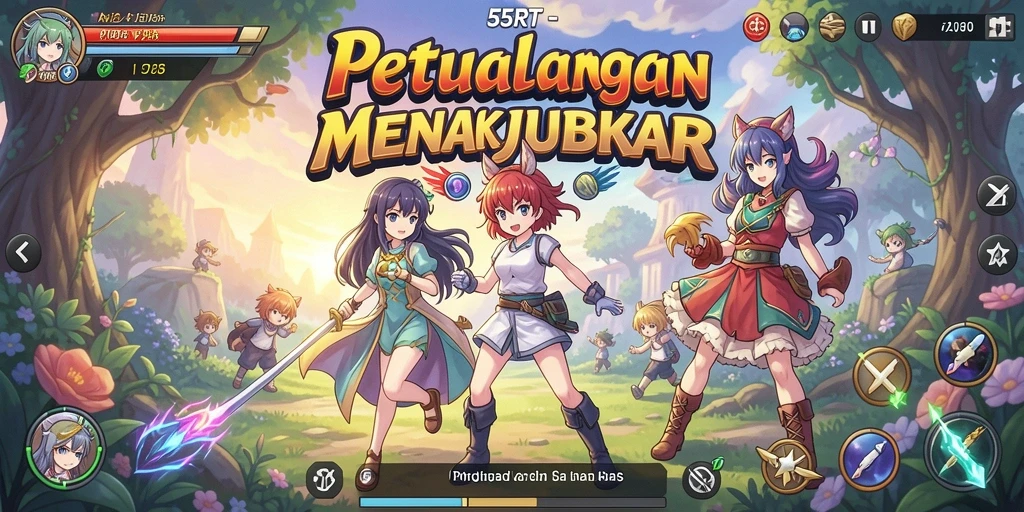 Skrinsut gameplay <strong>55RT</strong> menampilkan aksi seru dan karakter anime yang menarik.