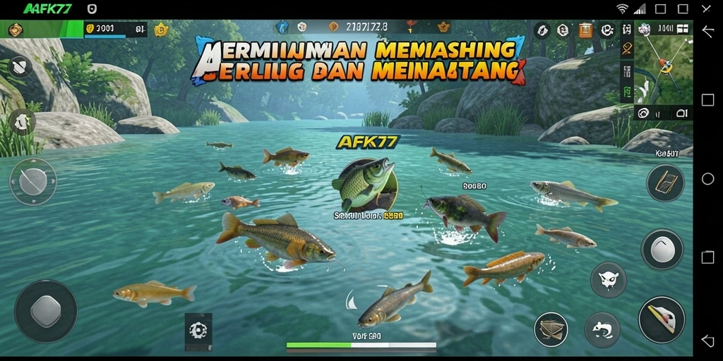 Screenshot gameplay AFK77 dengan lokasi memancing yang indah.
