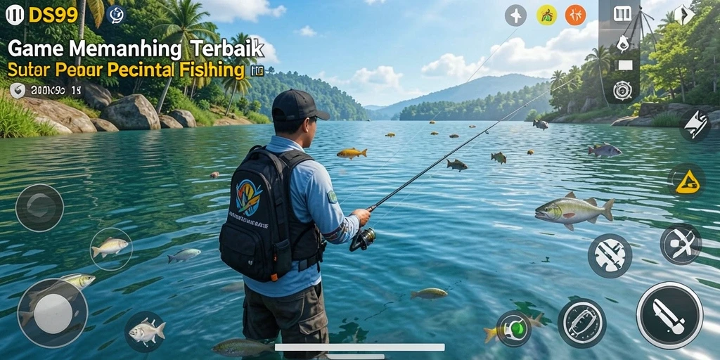 Menampilkan gameplay DS99 dengan ikan dan peralatan memancing.