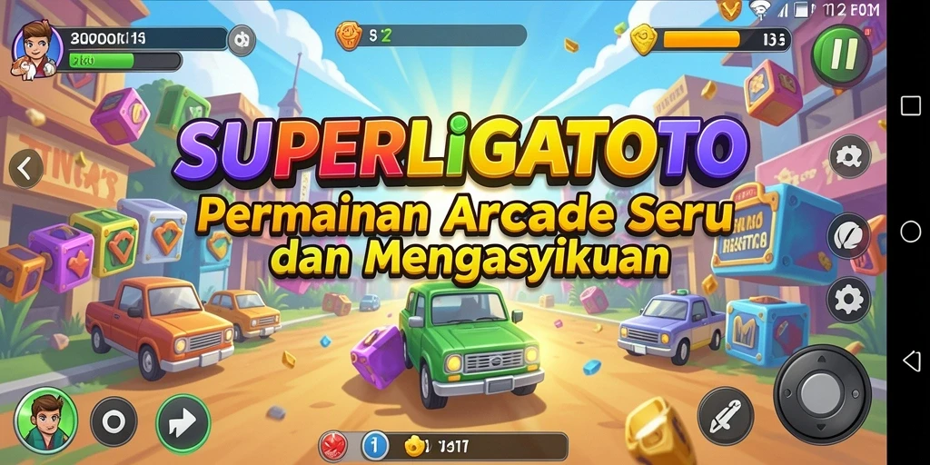 Tampilan gameplay menarik dari SUPERLIGATOTO dengan karakter dan level yang penuh warna.